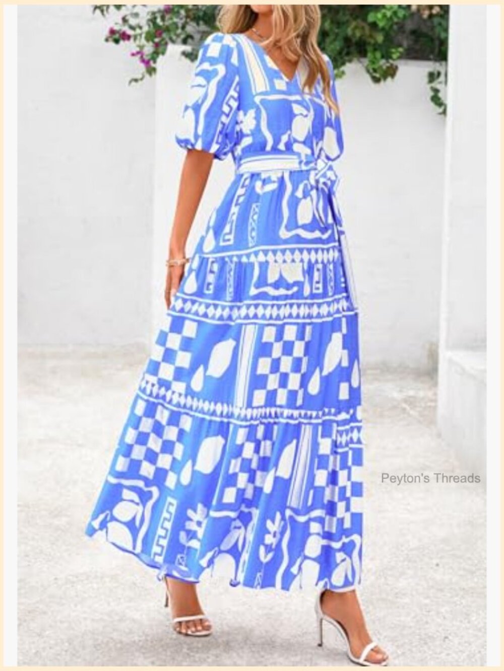 Women's Maxi Dress V Neck Puff Short Sleeve Flowy Beach Bohemian Resort Wear - Picture 4 of 7